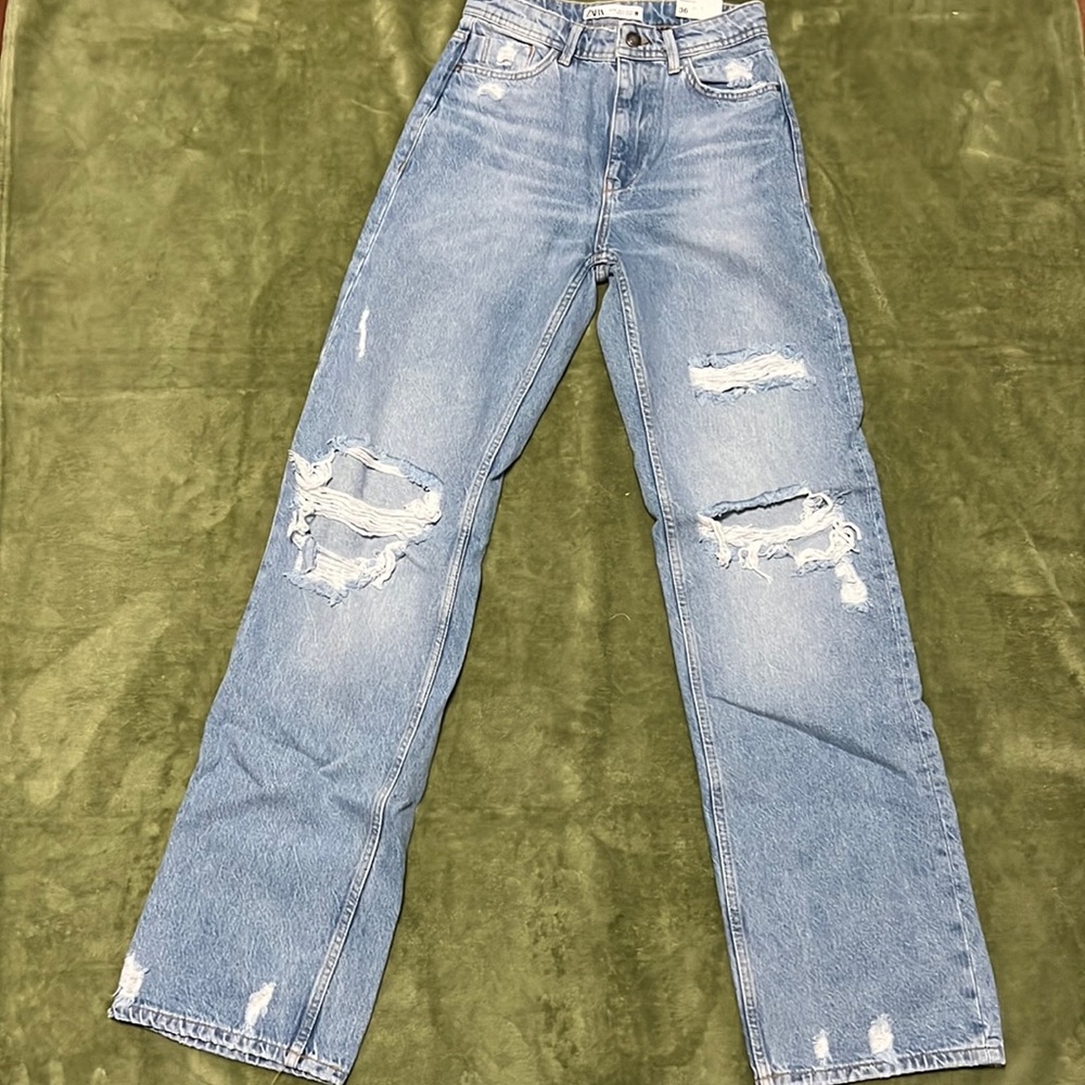 straight fit zara jeans, Super high rise ripped